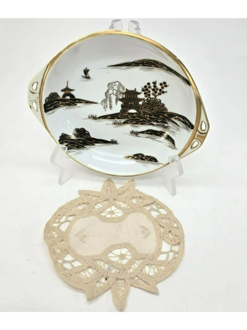 Vintage Nippon Japanese Porcelain Serving Bowl Gold Black Landscape Doily je173